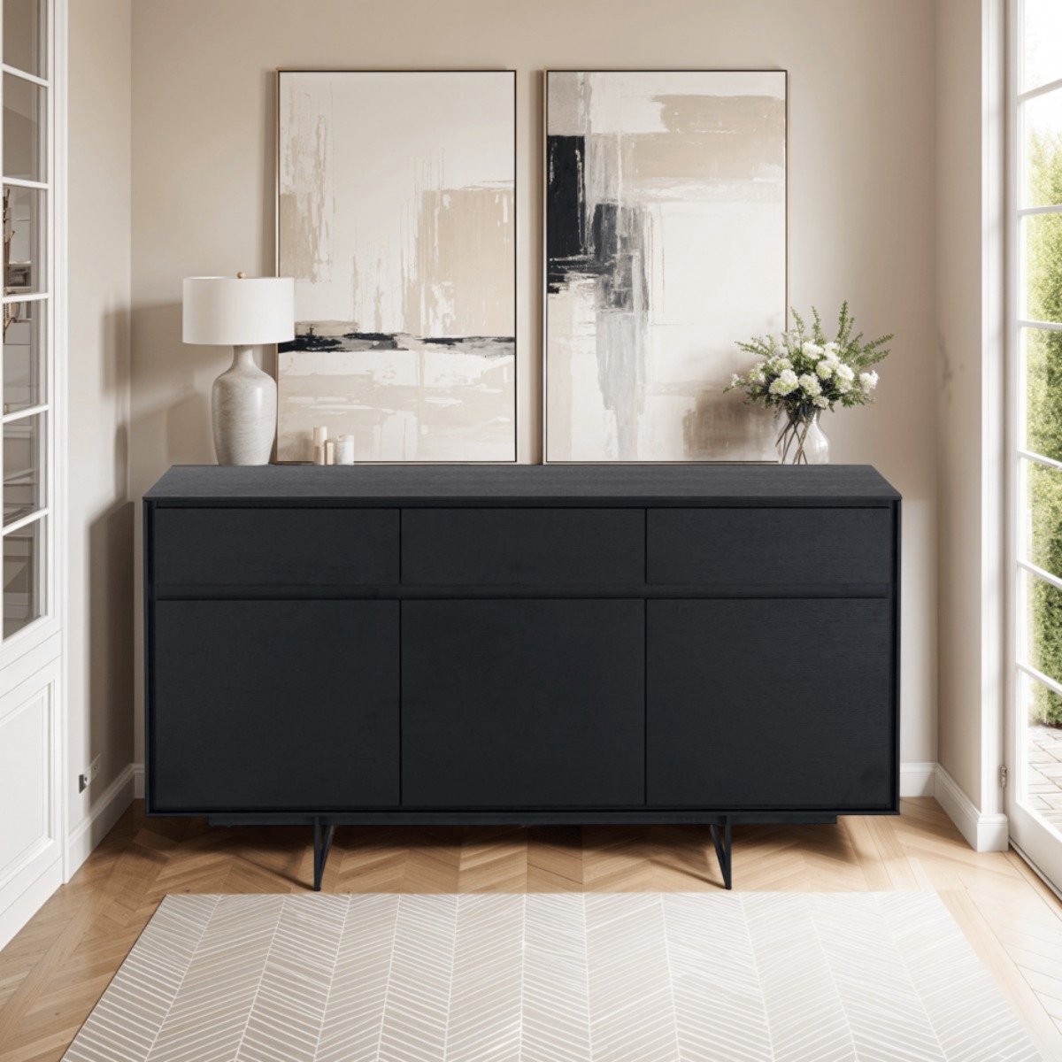 Dressoir 3-Deurs Zwart - Metaal/Fineer - 155x45x82cm - Dressoir Tokyo