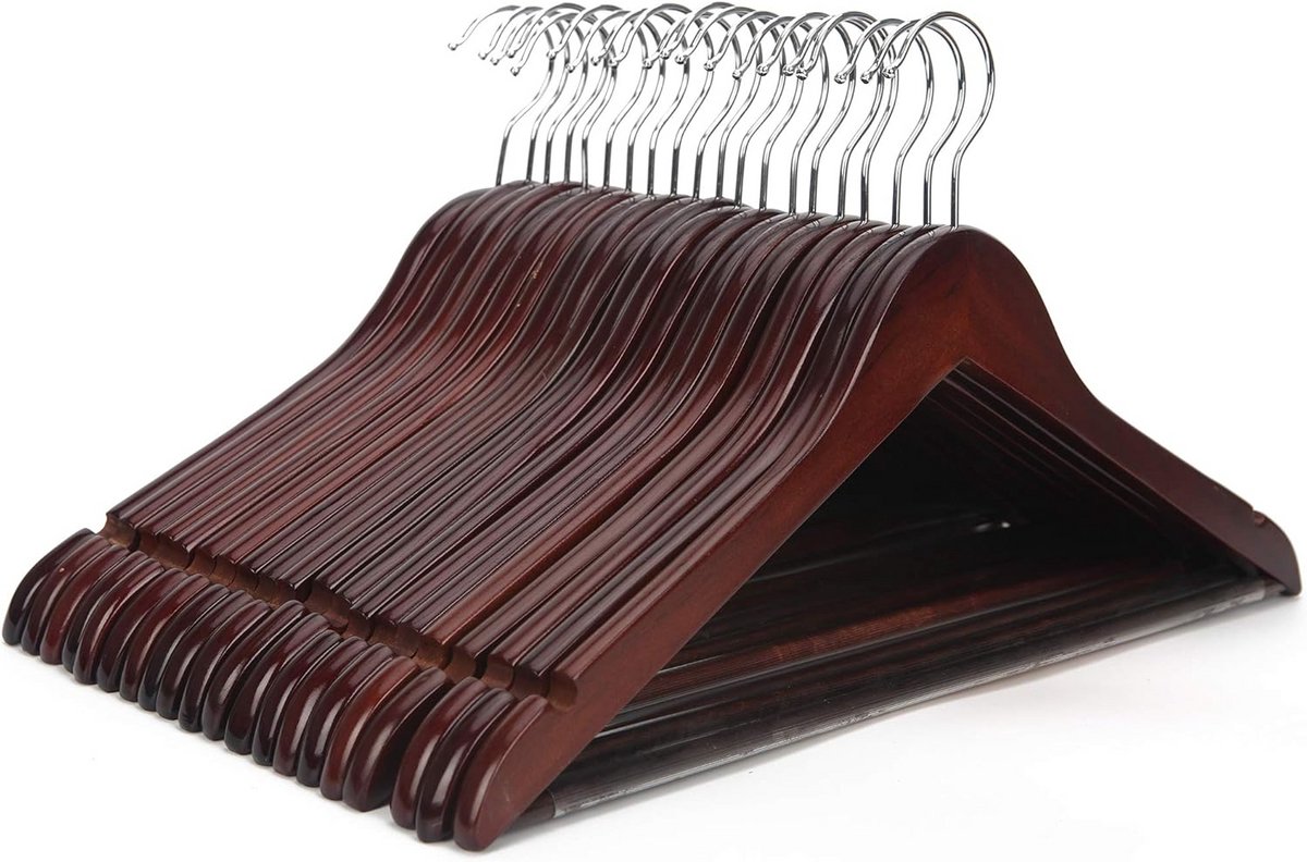 Set van 20 houten kleerhangers met broekstang - Antislip en Gladde Walnootafwerking