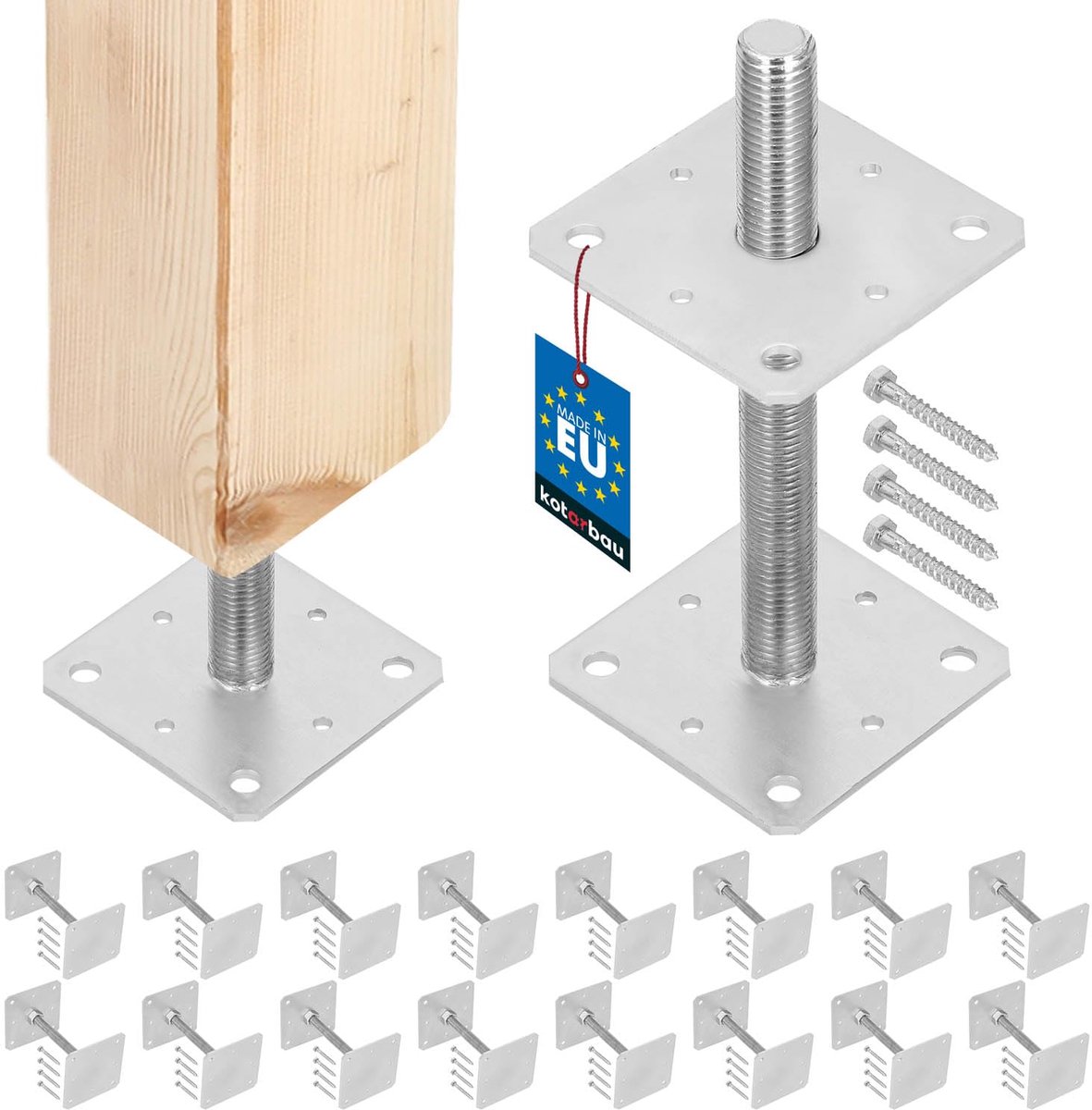 KOTARBAU® 16 stuks Paalhouder, Paalvoet, Verzinkt Staal, 160 x 160 x 250 mm, M24, Zilver, Paalsteun, Regelbare Paalhouder, voor Beton, Verstelbare Paalvoet, Gegalvaniseerde Paaldrager