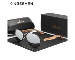 KINGSEVEN 5518 Pilotenbril - Zwart Frame met Spiegelzwarte Lenzen & Houtlook Pootjes