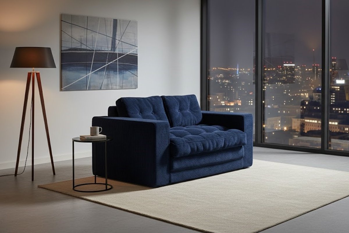 Luxe Corduroy Slaapbank 2-Zits – Opvouwbare Sofa Bed & Vloerlounger – Uitschuifbaar Bed 101 x 196 cm – Inclusief 2 Kussens – Comfort Schuim – Donkerblauw House&Garden
