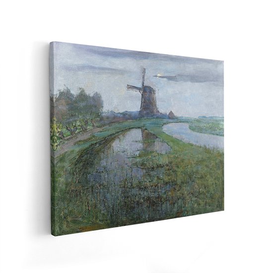 Artaza Canvas Schilderij Hollandse Molen - 50x40 cm - Wanddecoratie Mondriaan Landschap - Muurdecoratie Natuur - Schilderijen Op Canvas Woonkamer