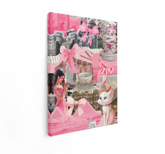 Artaza Canvas Schilderij Roze Esthetiek - 30x40 cm - Wanddecoratie Kat - Vintage Muurdecoratie - Brocante Decoratie Slaapkamer - Roze