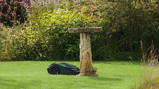Groene en zwarte Bosch robotmaaier op een grasveld bij een stenen vogelbad.