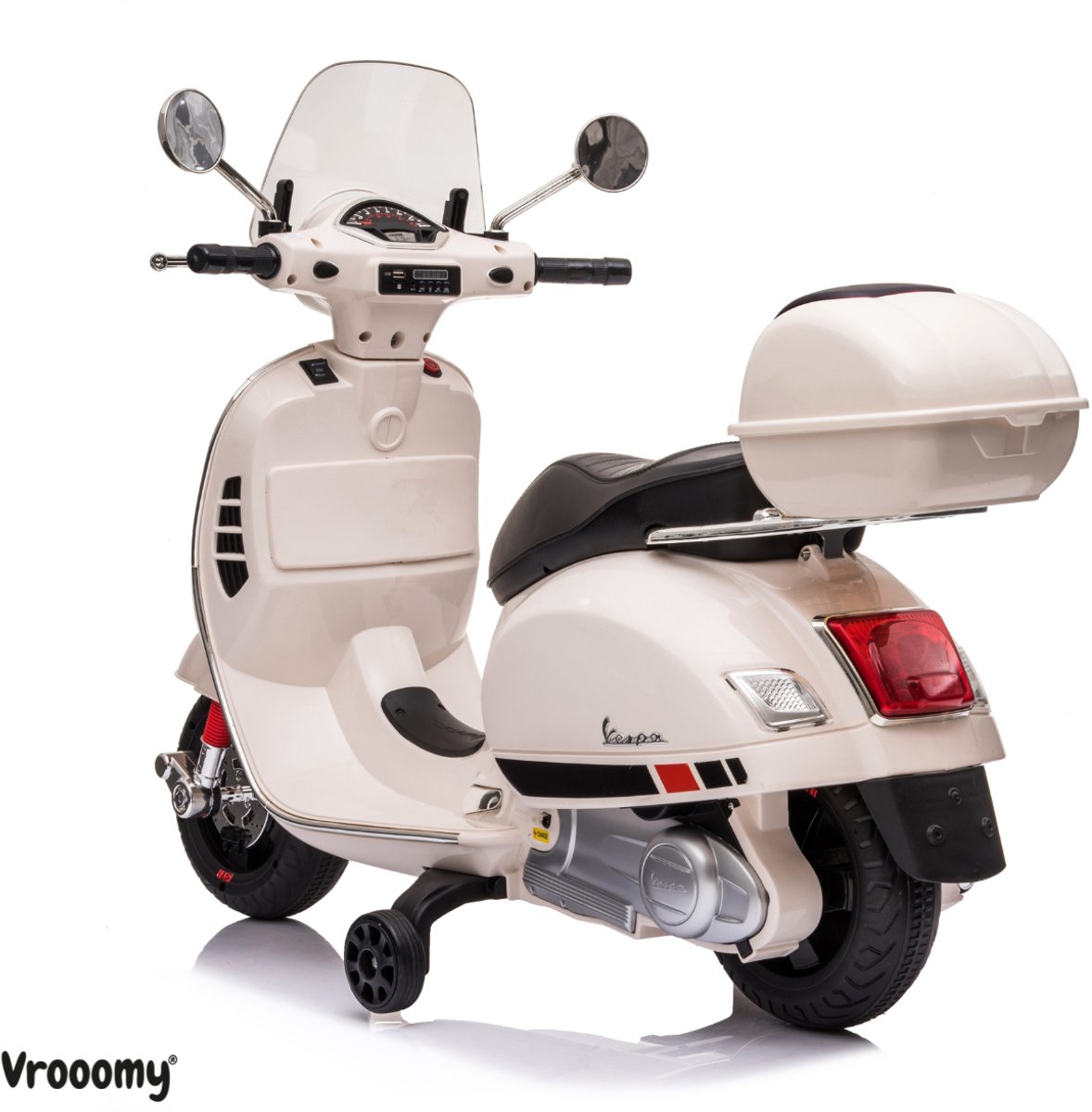 Vespa GT Full Option Elektrische Kinderscooter 3 tot 6 jaar – Officieel Gelicentieerde Kinder Vespa met Kofferbak & Verwijderbare Zijwieltjes – Li-ion Kindermotor met Kunstlederen Zitje, MP3 AUX & USB – Wit — afbeelding 2