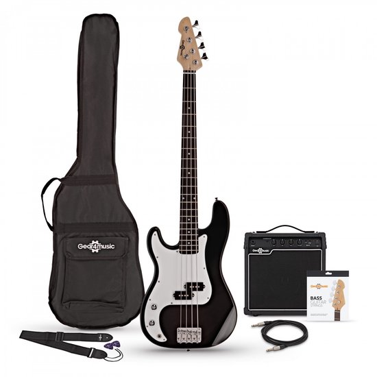Linkshandige zwarte basgitaar met witte slagplaat, compleet met versterker, tas, kabels en accessoires.