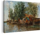 Artaza Canvas Peinture Peinture de Bateaux à la Rive avec Arbres et une Maison en Arrière-plan - 120x80 cm - Groot - Décoration Murale Salon - Peintures - Décoration Murale
