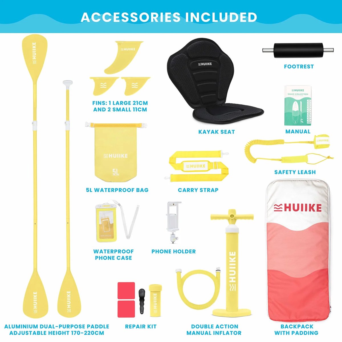 HUIIKE SUP Board - Opblaasbaar Paddle Board met Accessoires, Peddel, Vinnen, Pomp - Stand Up Paddle met Hoge Stabiliteit - 305 x 84 x 15 cm - Max. 130 kg – foto 3