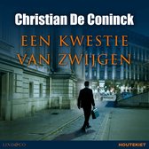 Boekomslag "Een Kwestie Van Zwijgen" van Christian De Coninck. Een man in pak loopt weg van een gebouw, de tekst staat op de omslag.