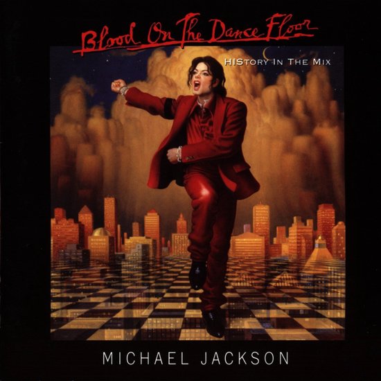 Michael Jackson en costume rouge dansant sur un échiquier devant un paysage urbain et des nuages dramatiques.