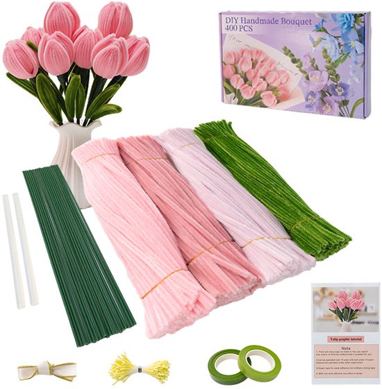 Kit de bricolage avec 400 fils chenille rose, rose pâle et vert pour faire des tulipes, avec des tiges vertes, du ruban, de la colle, un nœud et des instructions.