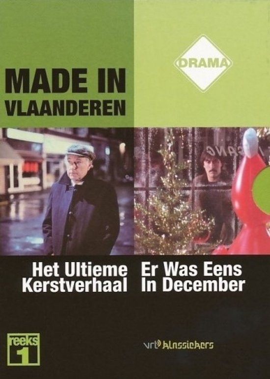 DVD cover 'Made in Vlaanderen' met een oude man in een winterjas, een kerstboom en de tekst 'Het Ultieme Kerstverhaal'.