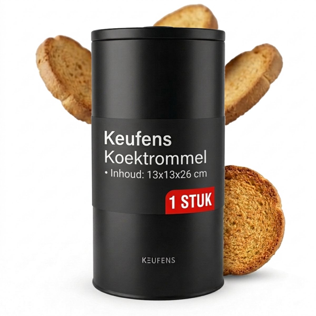 Keufens Beschuitbus - Zwart - Rond - Luchtdicht - Beschuitblik - Cracker Bewaardoos - Beschuitdoos - 13x13x26cm