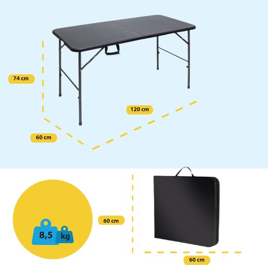 BRASQ Inklapbare Vouwtafel Zwart - 120x60x74cm - Campingtafel - Klaptafel - Inklapbaar - Weerbestendig van Merkloos — afbeelding 2