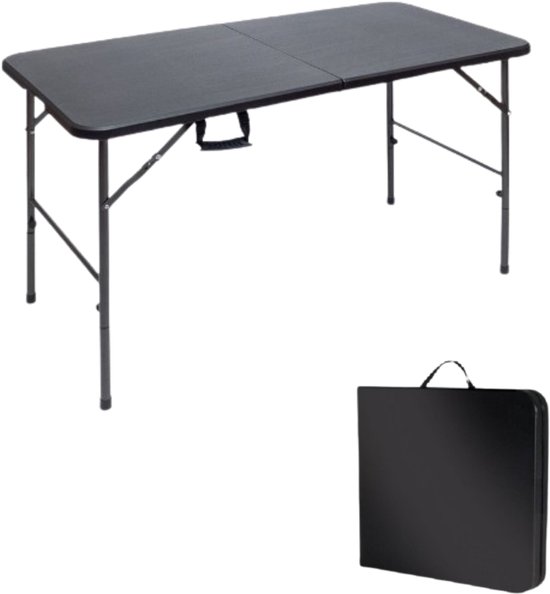 Zwarte opklapbare tafel met 4 poten en een compact opgevouwen zwarte tafel.