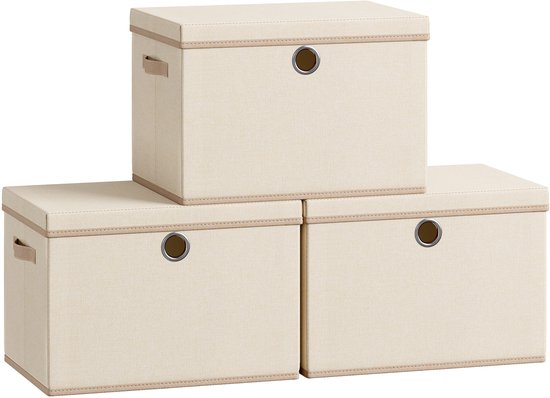 Set van 3 beige opbergdozen met bruine biezen en handgrepen, gestapeld.
