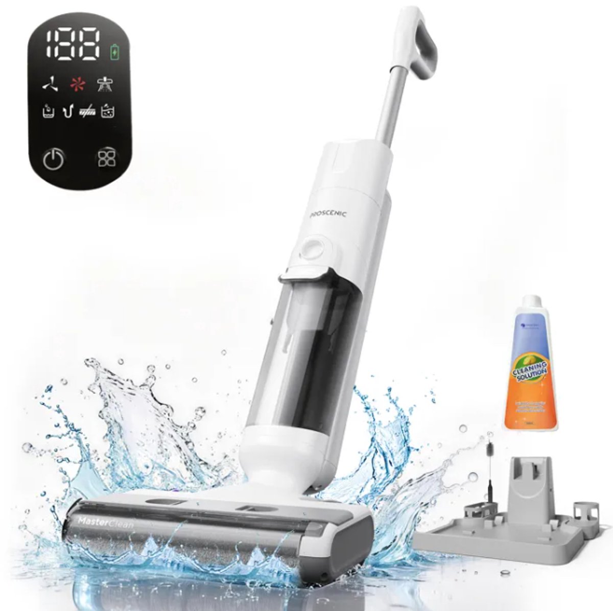 Proscenic F10 Ultra Draadloze Stofzuiger en Dweil - Nat/Droog - 0,7 mm Randborstel - 1,3L Tank - LED-display - 60 min Zelfreinigend