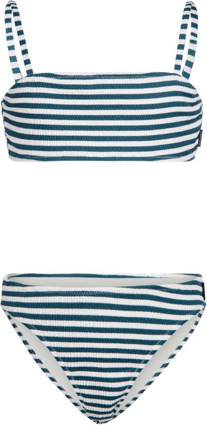 Ensemble bikini rayé bleu marine et blanc avec encolure carrée et fines bretelles.