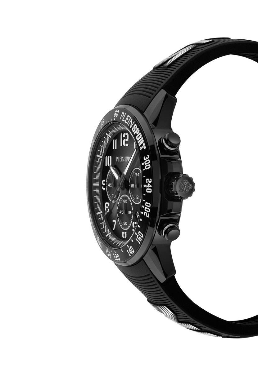 Plein Sport Chronorace Quartz Chronograaf Horloge Zwart Kast: 100% Gerecycled Roestvrij Staal| Armband: Siliconen 45 mm PSJGA0126, PSJGA0226, PSJGA0326, PSJGA0526