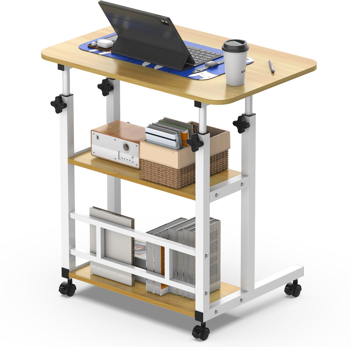 Soontrans - Verstelbaar Bureau - Twee Niveaus – Rolbaar Bureau Met Vergrendelbare Wielen - 60x40cm - Ruimtebesparende Mobiele Werkplek Voor Slaapkamers - In Hoogte Verstelbaar 56-82cm -Draagbaar Computerbureau - Opbergplanken – Walnoothout