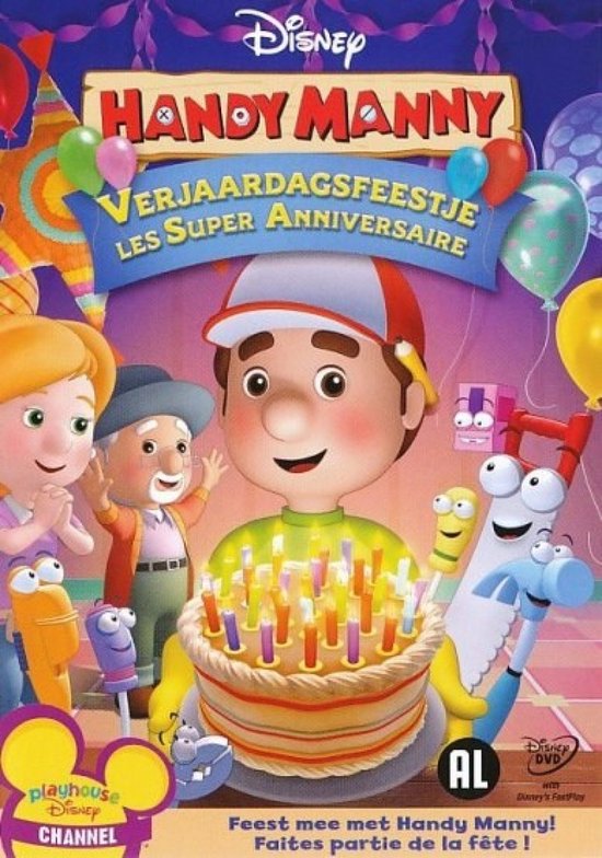 Handy Manny viert feest met een taart vol kaarsen, omringd door vrienden en feestdecoraties. "Verjaardagsfeestje."
