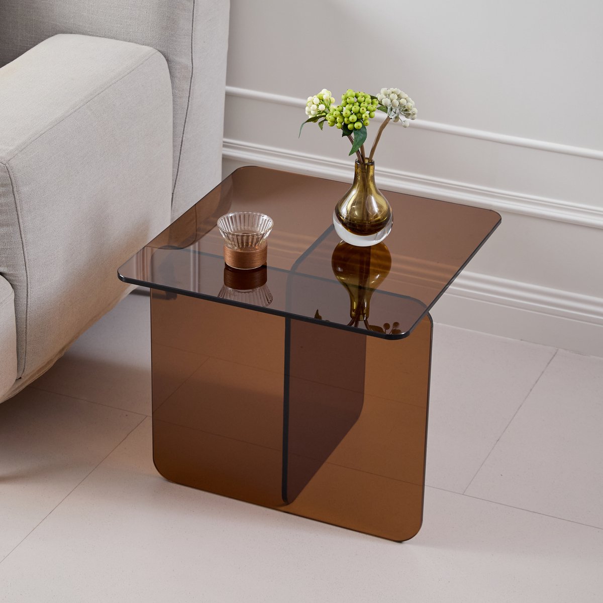 Wishdor Glazen Bijzettafel - Salontafel met Kruisvoet - Gehard Glas - Bruin - 45x45x41 cm