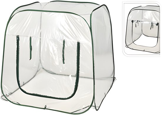 Transparante pop-up kas met groene randen, aan de voorkant twee verticale ritssluitingen. Inzet toont andere hoek.