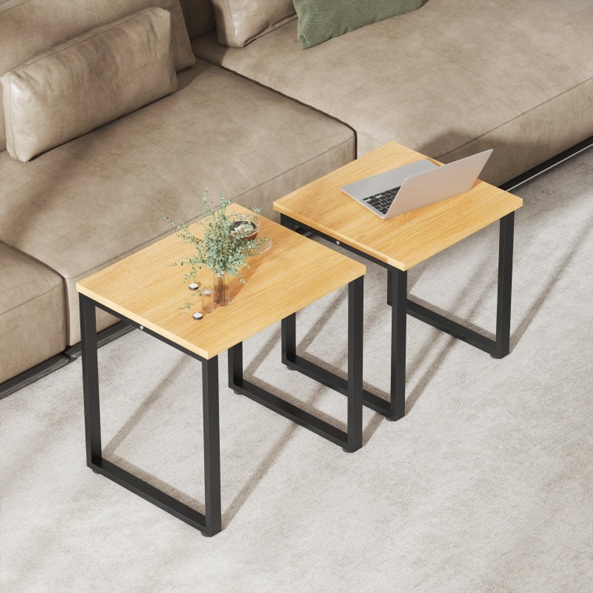 REDOM Salontafelset Van 2 - Stapelbaar - Moderne Uitstraling - Voor Woonkamer - Houtlook En Metaal - Naturel Natuurlijk hout
