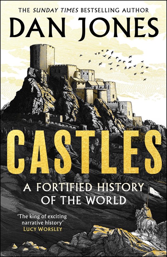 Couverture de livre "CASTLES: A FORTIFIED HISTORY OF THE WORLD" par Dan Jones, montrant un château médiéval fortifié sur une falaise rocheuse sous un ciel gris avec des oiseaux en vol.