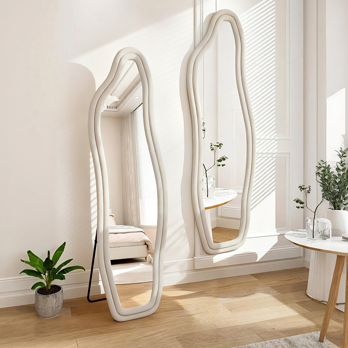 160 x 50 cm staande spiegel met wit stoffen frame, geschikt voor slaapkamer, woonkamer, hal en kledingkast