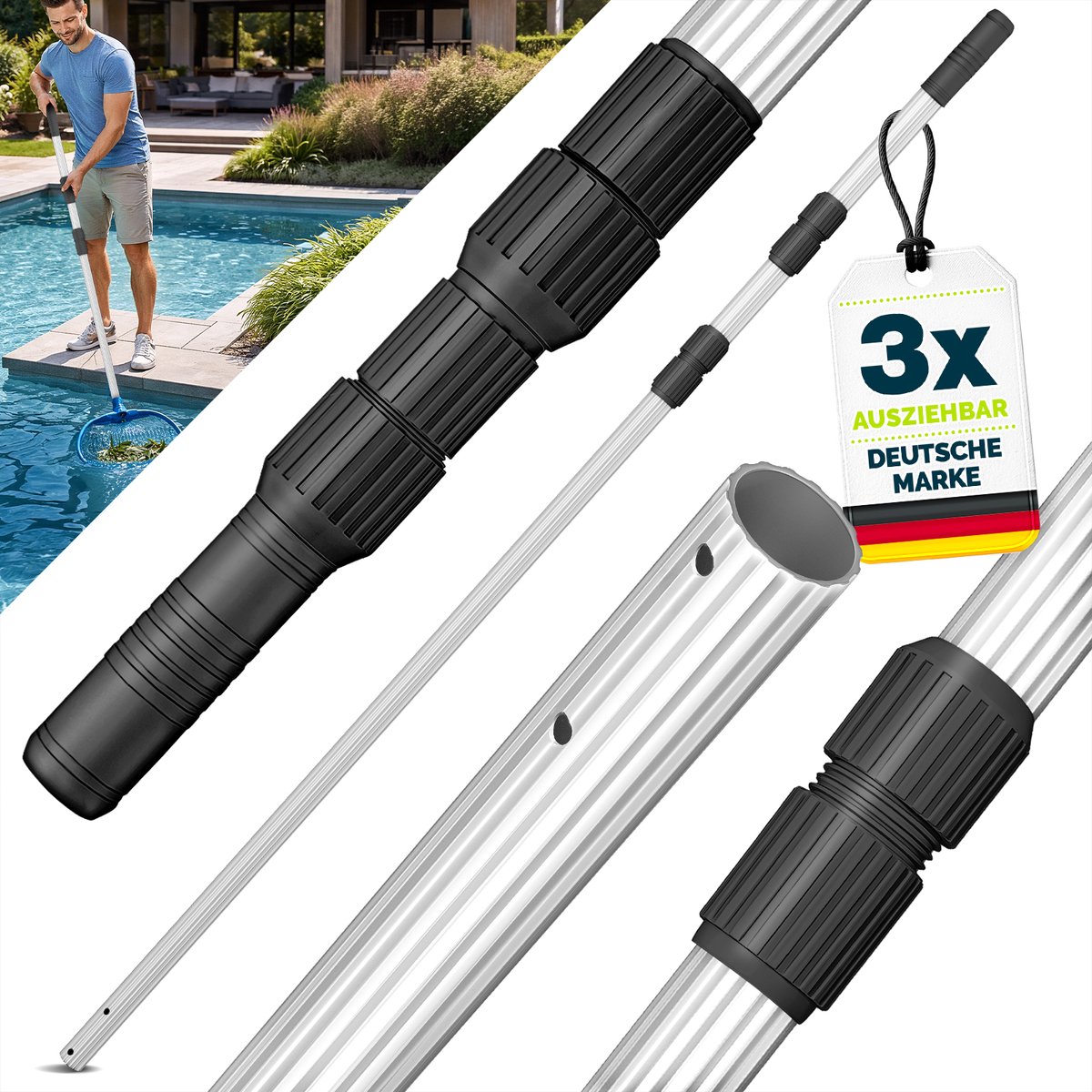 tillvex Telescoopstang voor zwembad, 1,20-3,60 m, aluminium zwembadstang, stang voor zwembadreiniging, 3-delig, zwart