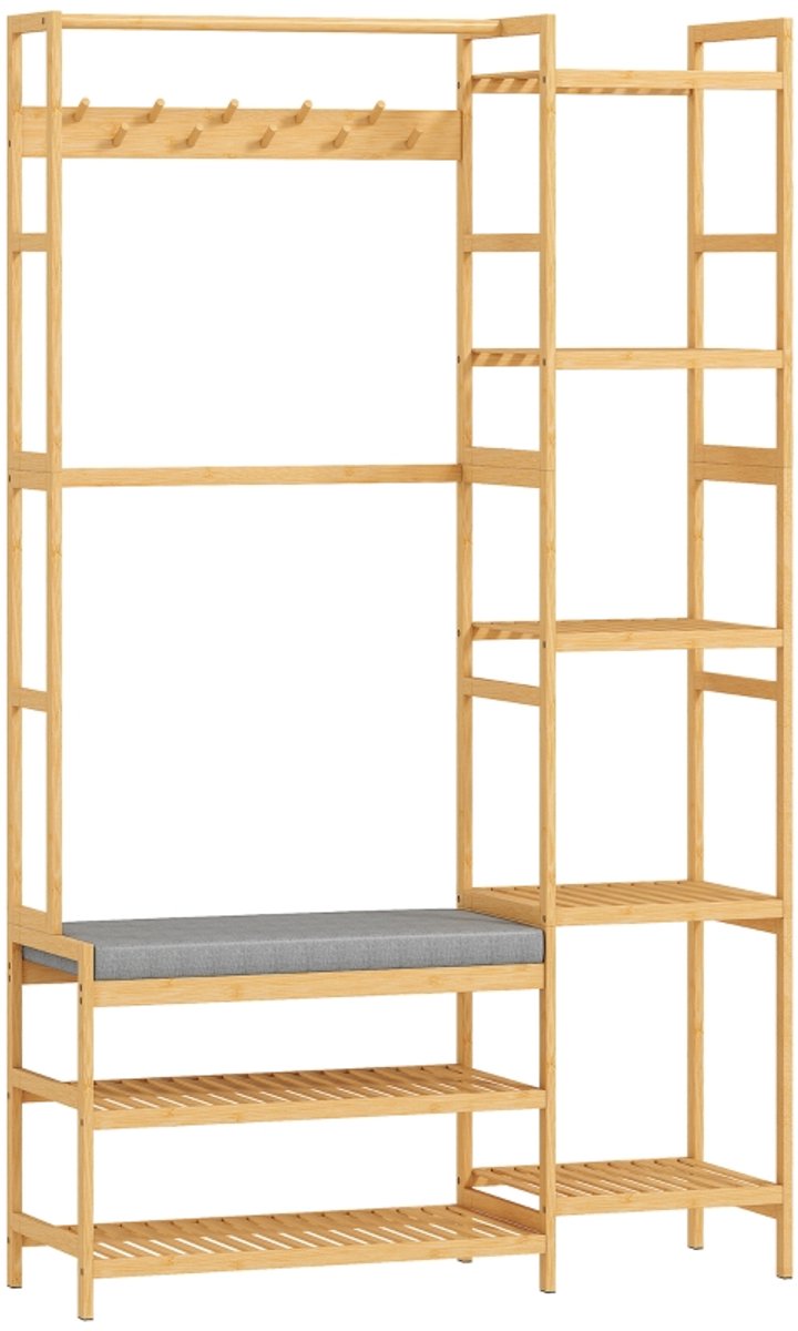 MODFU Luxe 5-in-1 Kapstok met Zitbank - Bamboe Garderoberek met Schoenenrek & 5 Zijplanken - Halmeubel - Naturel – foto 5