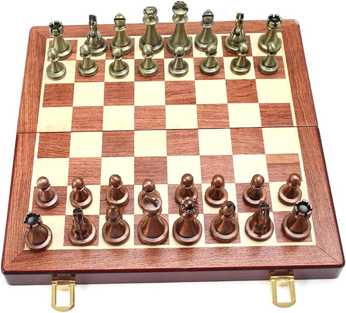 Schaakspel Metaal - Gezelschapsspel Retro - Strategisch Spel - Inclusief Houten Box - 30x30cm Bord