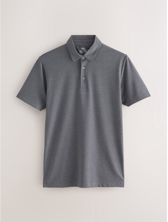 Grijs poloshirt met korte mouwen, kraag en knoopjes.