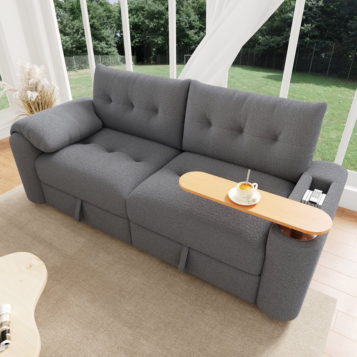 Wishdor - Modulaire 2-Zitsbank Met Opbergruimte En Hoofdsteun - Draaibare Bijzettafel - Teddystof - Grijs - 207,5 X 80 X 87 Cm