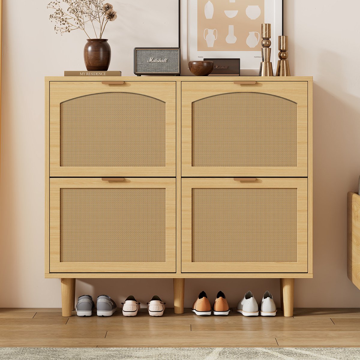 Wishdor Schoenenkast - Opengewerkt Rattan - Landelijke Stijl - Voor Hal - Spaanplaat - Licht Eiken - 100 x 25 x 90 cm Lichte eik