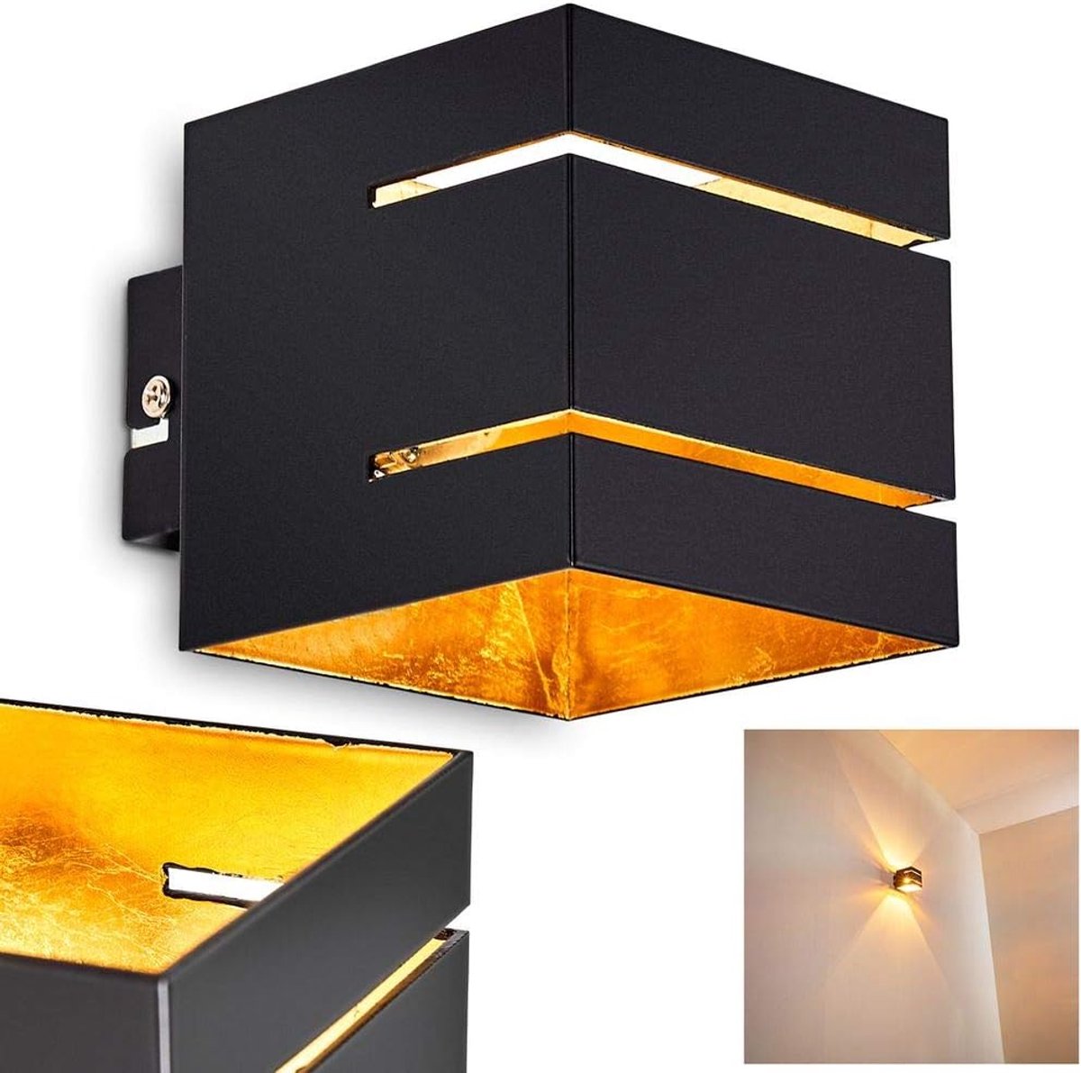 Wandlamp Metaal - Moderne Lamp - Sfeerverlichting Binnen - Up & Down Lichteffect - 10x12.5x10 cm - Zwart Goud