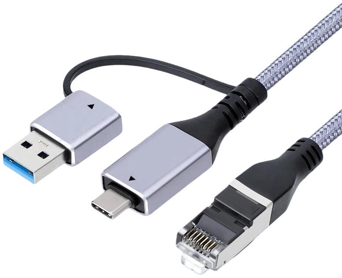 2-in-1 USB-C en USB 3.0 naar RJ45 Gigabit Ethernet Kabel - 1000Mbps - 2 meter - adapter - Aluminium - voor Laptop en Tablet - grijs