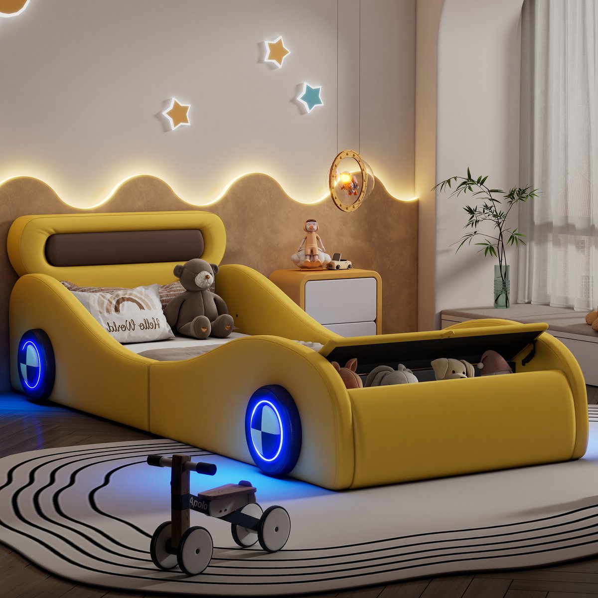 REDOM Gestoffeerd Kinderbed in Autovorm – Met verlichte wielen & opbergruimte – PU – Geel – 90 x 200 cm