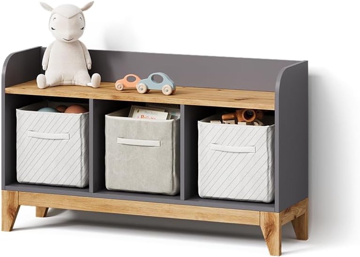 Kinderboekenkast XL - Opbergkast Kinderen - Boeken Opbergen - Met 3 Laden - 107x64cm - Grijs