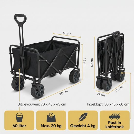 Cheqo® Bolderkar - Opvouwbare Bolderkar - Inklapbare Bolderkar - Bolderwagen - Opvouwbare Bolderwagen - Inklapbare Bolderwagen - Strandkar - Opvouwbare Strandkar - Trekkar - Opvouwbare Trekkar — afbeelding 5