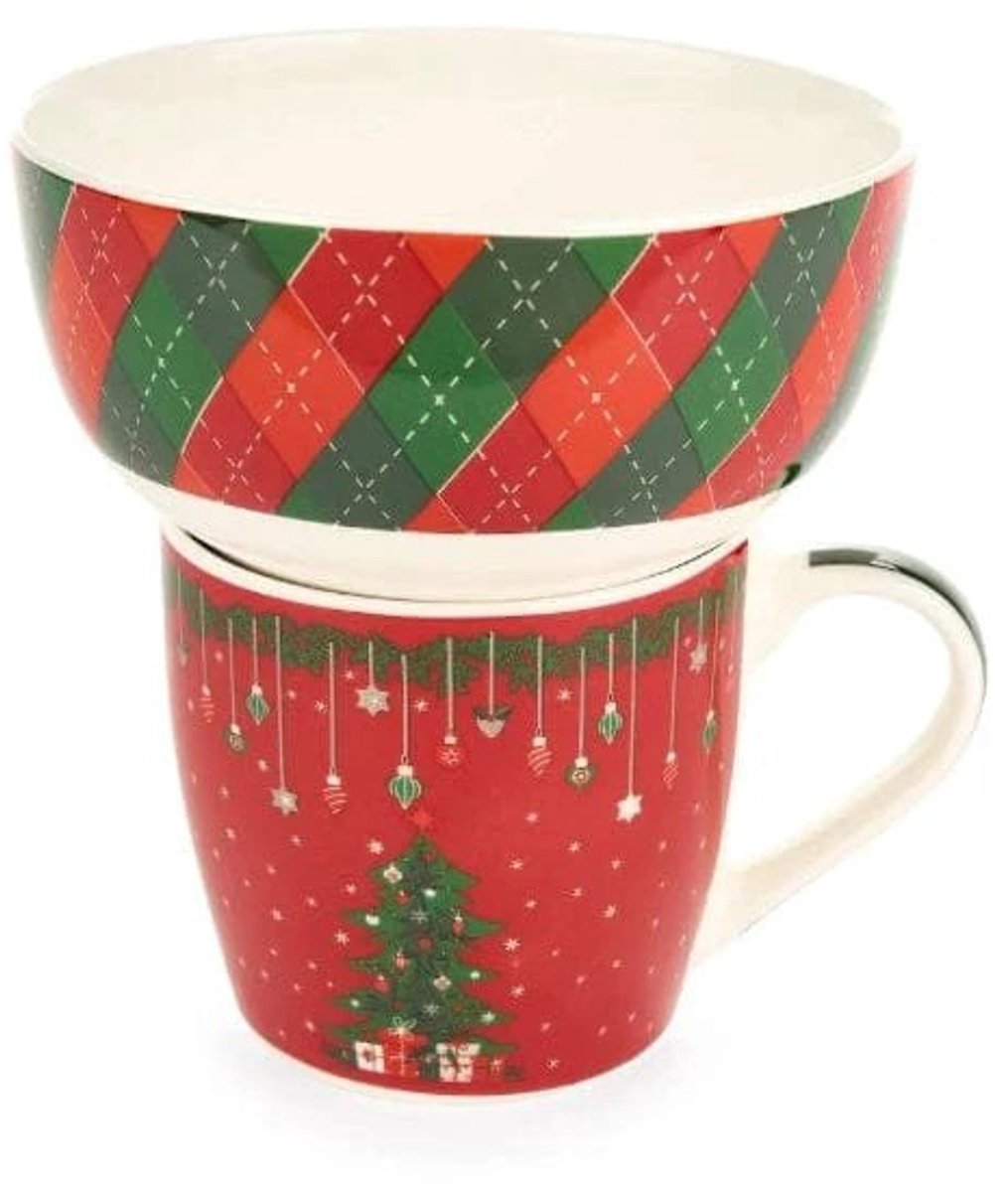 Mok en schaaltje - winter - 480 ml - 2 varianten - Nuvole di Stoffa Mok rood Kerstboom en ruiten schaaltje