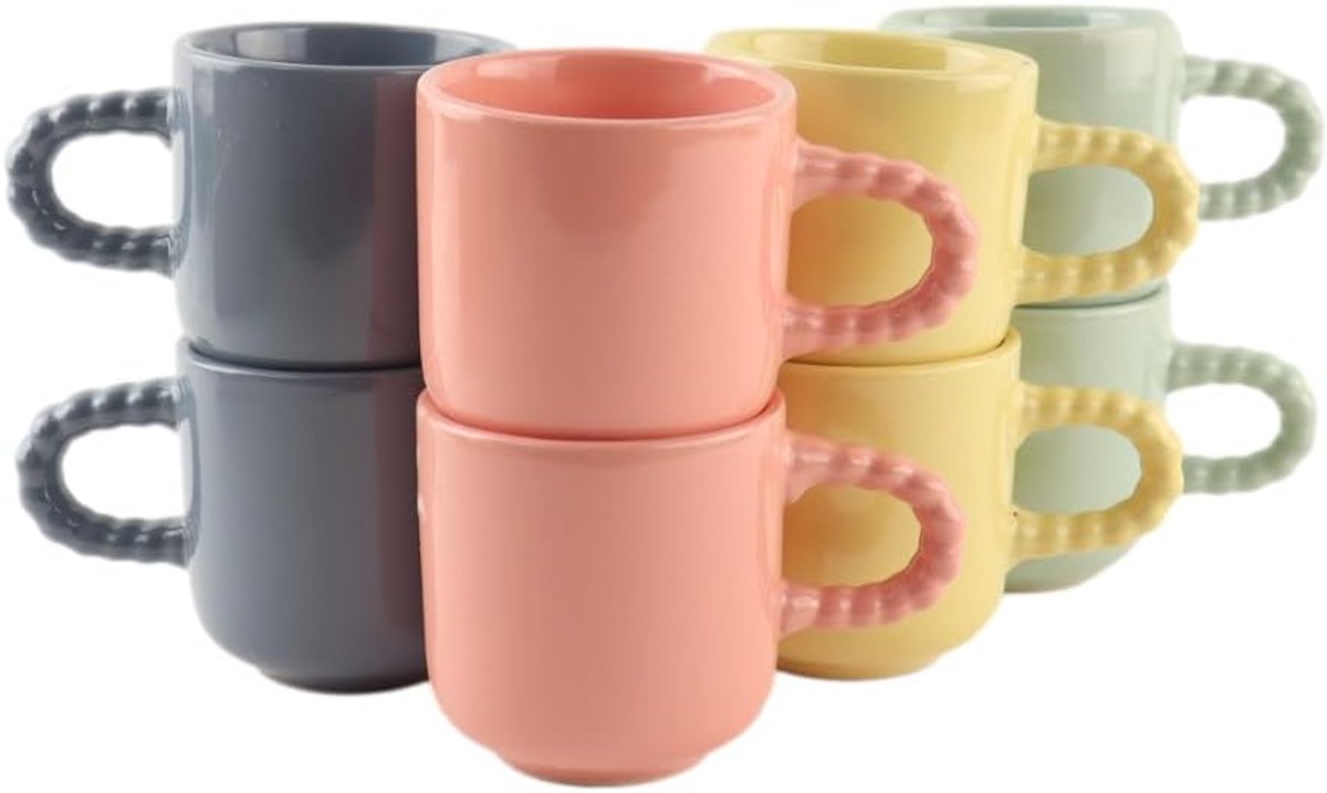 Espressokopjes Set - Koffietassen Aardewerk - Koffie Moment - Met Praktisch Oor - 120 ml Inhoud - Multikleur