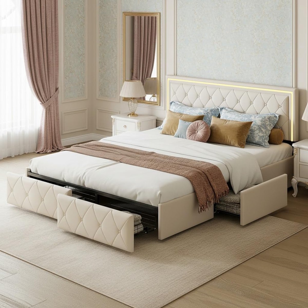 Gestoffeerd Bed - Tweepersoonsbed - Opbergen Slapen - Met LED Verlichting - 160x200cm - Ge