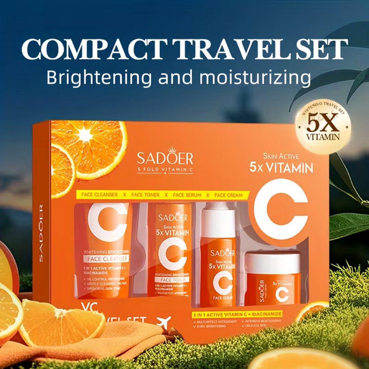 4-Delige Huidverzorging Reisset Vitamine C & Niacinamide – Travel Skincare Set met Cleanser, Toner & Crème