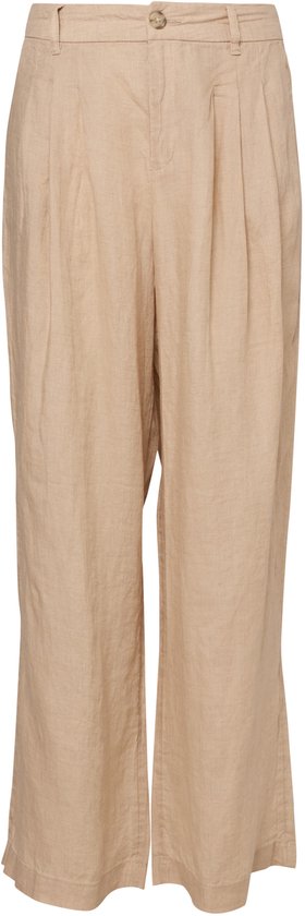 Beige linnen broek met wijde pijpen, plooien aan de voorkant en riemlussen.
