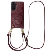 Selencia Hoesje - Geschikt voor Samsung Galaxy A37 (5G) - Croco Backcover met koord en pashouder - Burgundy
