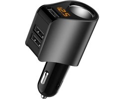 GELLDG Autolader met 3 USB-poorten en Digitale Spanningsmeter - Bedrade Oplader met Sigarettenaansteker Splitter - 80W Snellader Geschikt voor 12-24V Auto - 7-Voudige Beveiliging - 100x55x33mm - Kunststof