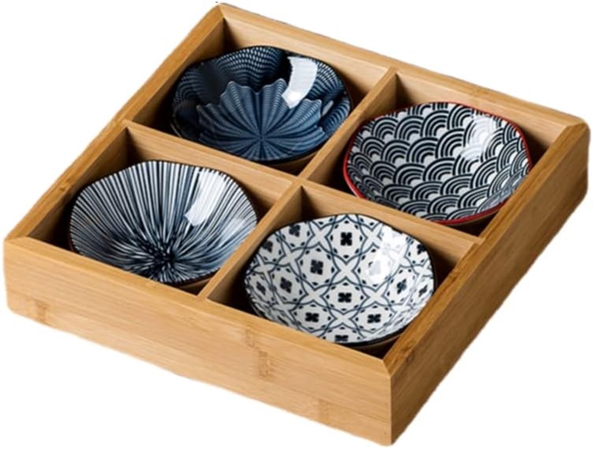 Servies Set - Dipschalen Kommetjes - Borrelhapjes Delen - Met Bamboe Plateau - Set van 4 - Wit