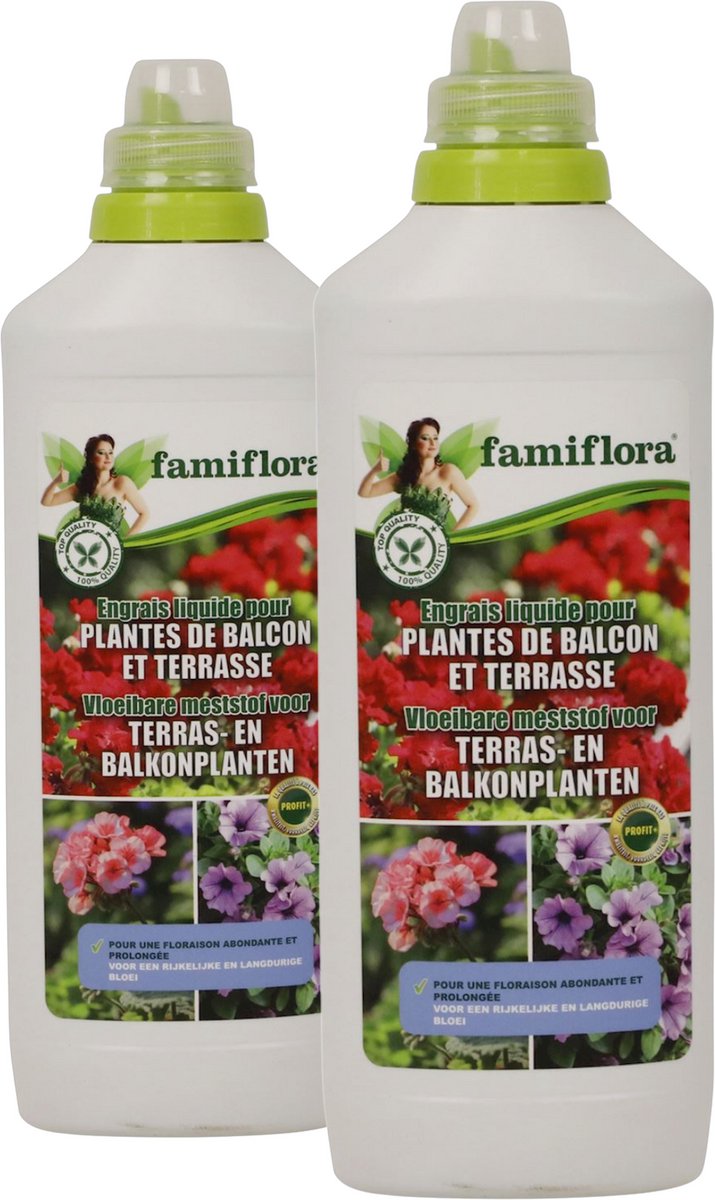 Famiflora vloeibare meststof voor terras- en balkonplanten 2L (2 x 1L) - Voordeelverpakking meststof voor geranium. fuchsia. petunia. etc - Rijkelijke en langdurige bloei voor balkon en terras